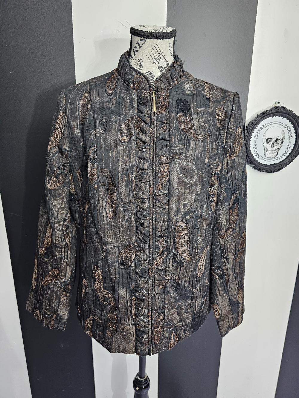 Steampunk Bronze Paisley Jacquard and Ruffle Zip Front